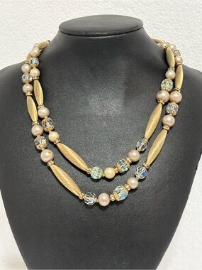 Vintage Vendome Textured Goldtone Links AB Crystal And Pearl 2 Strand Necklace